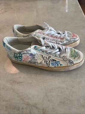 Golden Goose White Leather Sneakers with Multicolor Graffiti